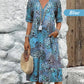Printed Linen-Cotton Midi Dress – V-Neck & Relaxed Elegance