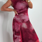 Wine Tie Dye Mesh High Neck Midi Dress