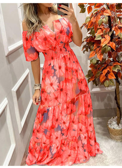 Printed Short Sleeve Long Dress V-Neck Casual Party Dress