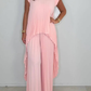 Laney Pleated Short Sleeve Irregular Midi Top and Elastic Waist Wide Leg Pants Set