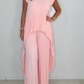 Laney Pleated Short Sleeve Irregular Midi Top and Elastic Waist Wide Leg Pants Set