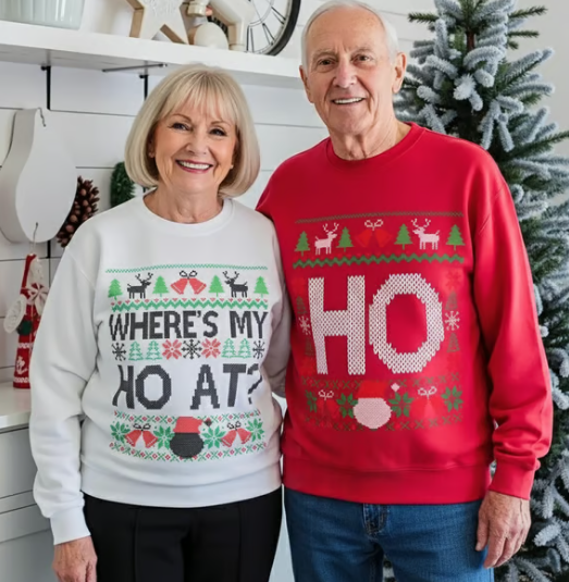 Funny Couples Christmas Sweatshirt Set | "Where's My Ho At?" Matching Shirt | Husband Wife Ugly Christmas Party Gear