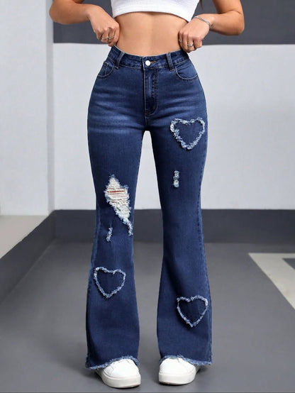 Blue Hearts 💙 High Waist Vintage Heart Patchwork Ripped Denim Jeans
