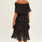 Black Polka Dot Midi Dress Off Shoulder Pleated