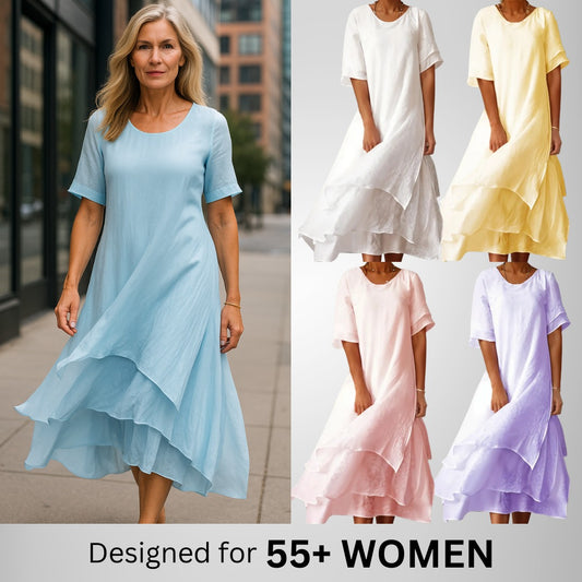 Women's Loose Short Sleeve Pleated Casual Cotton Linen Dress