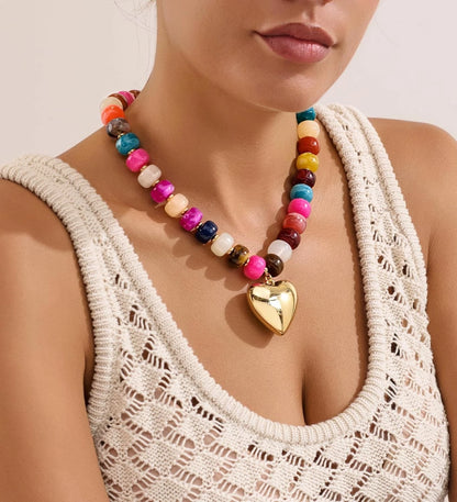 Chunky Heart Necklaces for Women Colorful Resin Beaded Choker