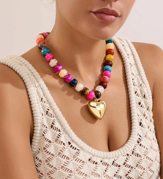 Chunky Heart Necklaces for Women Colorful Resin Beaded Choker