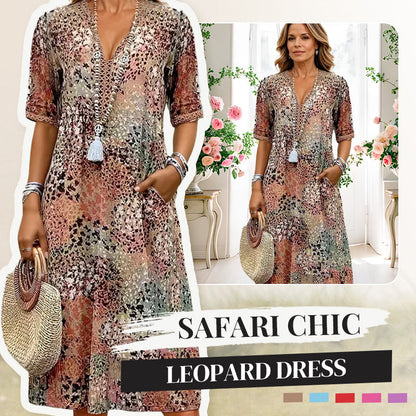 Printed Linen-Cotton Midi Dress – V-Neck & Relaxed Elegance