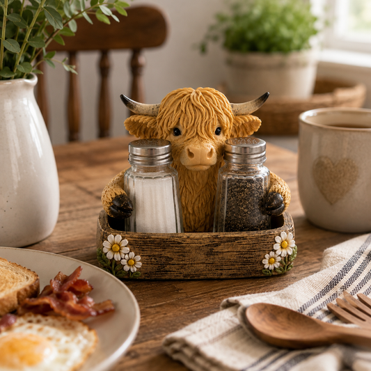 Highland Cow Salt and Pepper Shaker Set for Charming Farmhouse Kitchen Decor