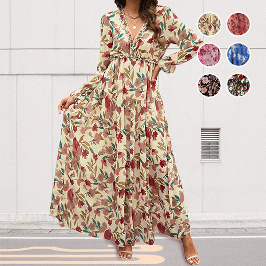 💞The best gift💞Women's Floral V-Neck Long Sleeve Flowy Dress