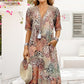 Printed Linen-Cotton Midi Dress – V-Neck & Relaxed Elegance