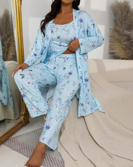 🌸✨Comfy 3-Piece Pajama Set – Robe, Camisole & Long Pants