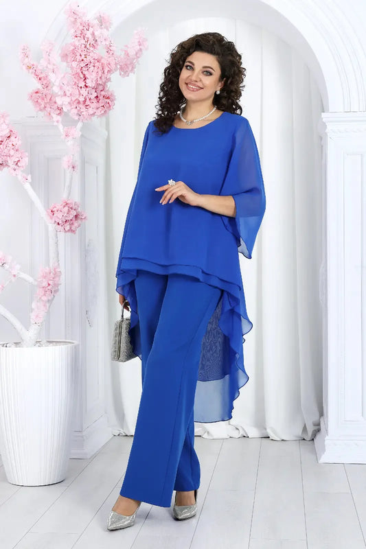 Elegant Layered Chiffon High-Low Top and Pants Two Piece Set