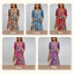 Printed Linen-Cotton Midi Dress – V-Neck & Relaxed Elegance