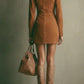 Brown Faux Suede Stand Collar Zipper Mini Dress