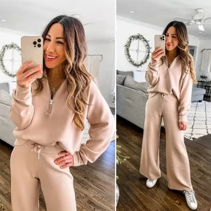 💝Black Friday Sale 50% OFF!!⚡🔥🎀Women's Oversized Half Zip Wide Leg 2 Piece Outfits Lounge Set