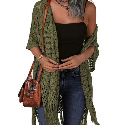 😍Women’s Oversized Knit Cardigan – Lightweight Crochet Tassel Kimono for Spring & Summer 🌸