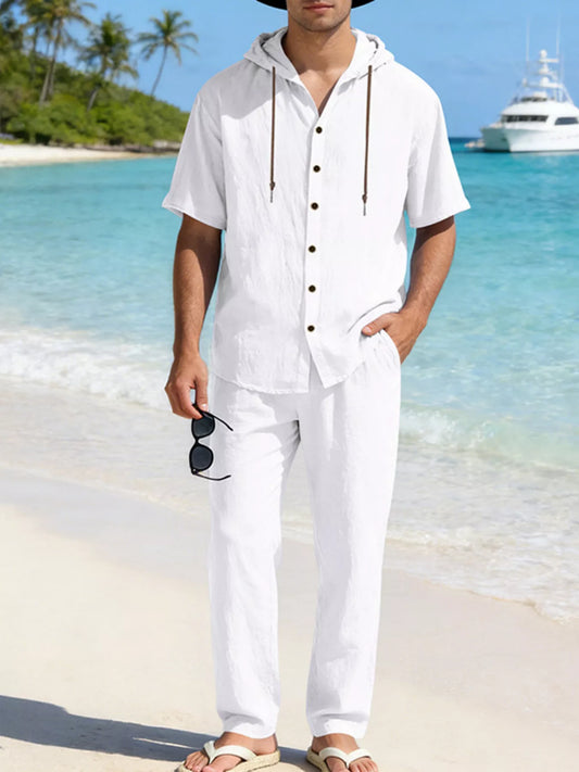 Men's Linen Set — Button-Up Hoodie & Wide-Leg Pants