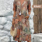 Printed Linen-Cotton Midi Dress – V-Neck & Relaxed Elegance