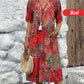 Printed Linen-Cotton Midi Dress – V-Neck & Relaxed Elegance