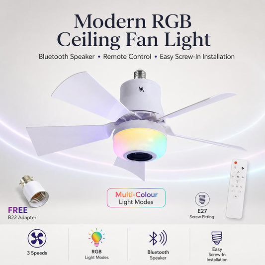 🏆LAST DAY SALE ONLY￡19.99 with Adaptor!!🎁BreezGlow™ Smart E27 Ceiling Fan Light with Hi-Fi Bluetooth Speaker & Mood Lighting  Cool Breezes • Crystal-Clear Sound • 16 Million Colours💡🌬️🎵