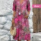 Printed Linen-Cotton Midi Dress – V-Neck & Relaxed Elegance