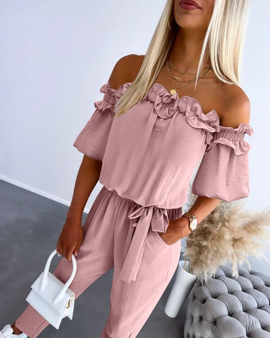 Women's Ruffle Off-the-shoulder Tie-Drape Jumpsuit with Pockets
