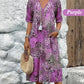 Printed Linen-Cotton Midi Dress – V-Neck & Relaxed Elegance