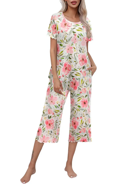 🎁Hot Sale 48% OFF⏳WOMEN'S PRINTED SHORT SLEEVE TOP WITH CAPRI PANTS LOUNGE & SLEEPWEAR SET