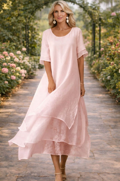 Women's Loose Short Sleeve Pleated Casual Cotton Linen Dress