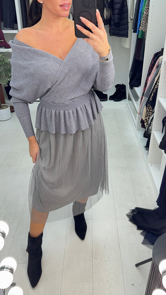 Pleated Mesh Skirt Knit Dress