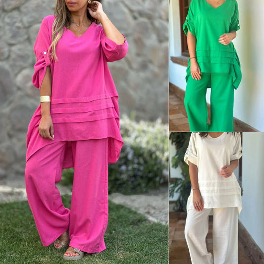 Women's V-Neck Irregular Hem Top & Pants Set