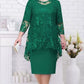 O-neck High-Waist Plus Size Midi Dress Embroidery Lace 3/4 Sleeve Lady Evening Dress