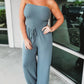 🔥Off Shoulder Solid Color Smocked Jumpsuit