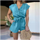 Women’s V-Neck Short-Sleeved Jumpsuit with Waistband