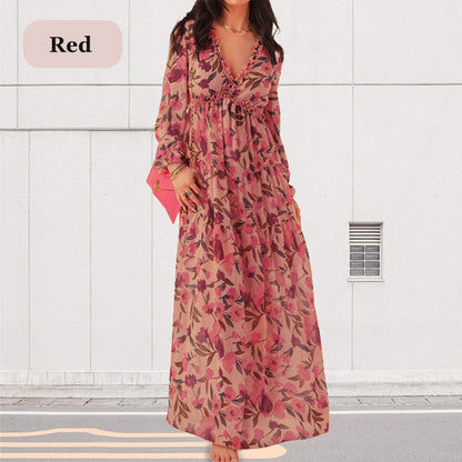💞The best gift💞Women's Floral V-Neck Long Sleeve Flowy Dress