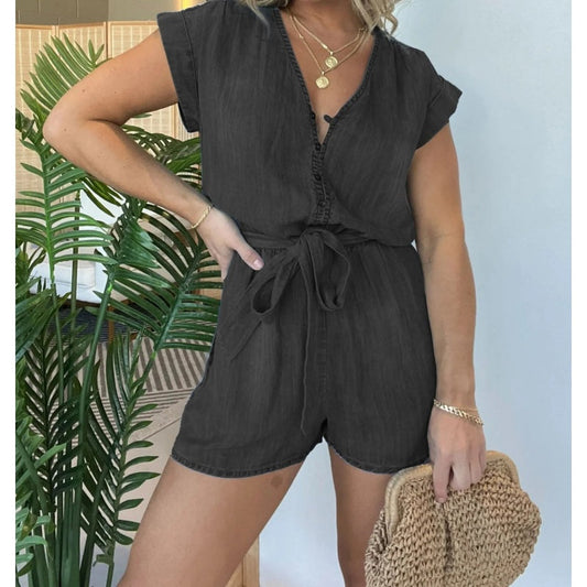 Women’s V-Neck Short-Sleeved Jumpsuit with Waistband