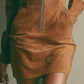Brown Faux Suede Stand Collar Zipper Mini Dress