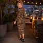Lace V-Neck Ruched Leopard Midi Dress
