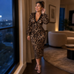 Lace V-Neck Ruched Leopard Midi Dress
