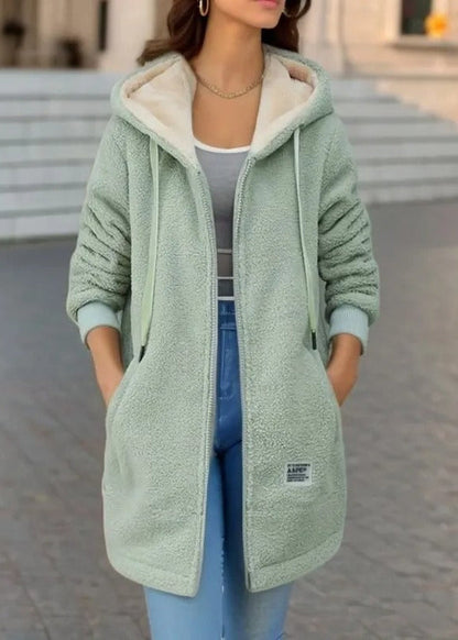 Long teddy coat with hood and fleece lining