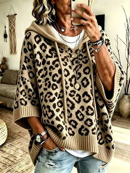 Comfortable And Casual Leopard-print Knitted Hoodie