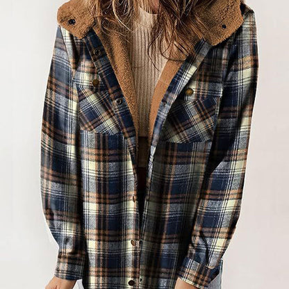⏰HOT SALE⏰WOMEN'S THICKENED FLANNEL LONG SLEEVE PLAID JACKET COAT WITH HOOD
