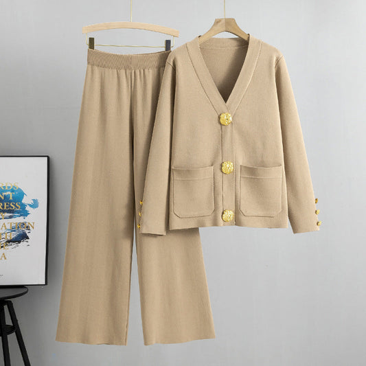 🔥Gold Button Knit Cardigan Sweater Wide Leg Pants Set