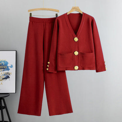 🔥Gold Button Knit Cardigan Sweater Wide Leg Pants Set