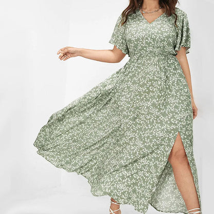 Sweet Floral V-Neck Single-Side Split Dress