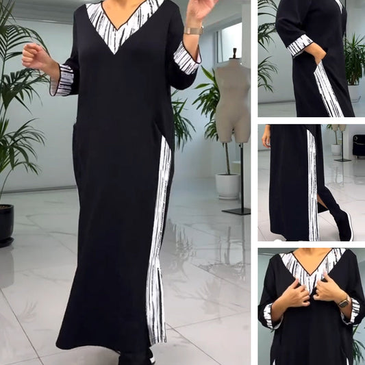 🌸Spring Specials🌸 Women's V-Neck Contrast Color Ankle Length Dress