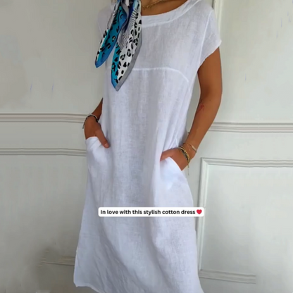 🏖️Summer Hot Sale 50% OFF🌼Women's Round Neck Short Sleeve Cotton Linen Dress