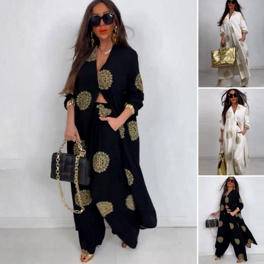 ✨Early Summer New✨Women's Loose V-Neck Top & Printed Wide Leg Pants Two Piece Set（The more you buy, the higher the discount）