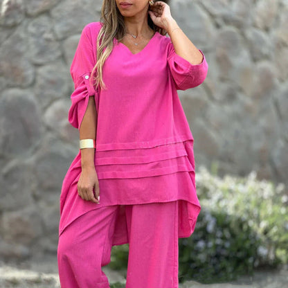 Women's V-Neck Irregular Hem Top & Pants Set